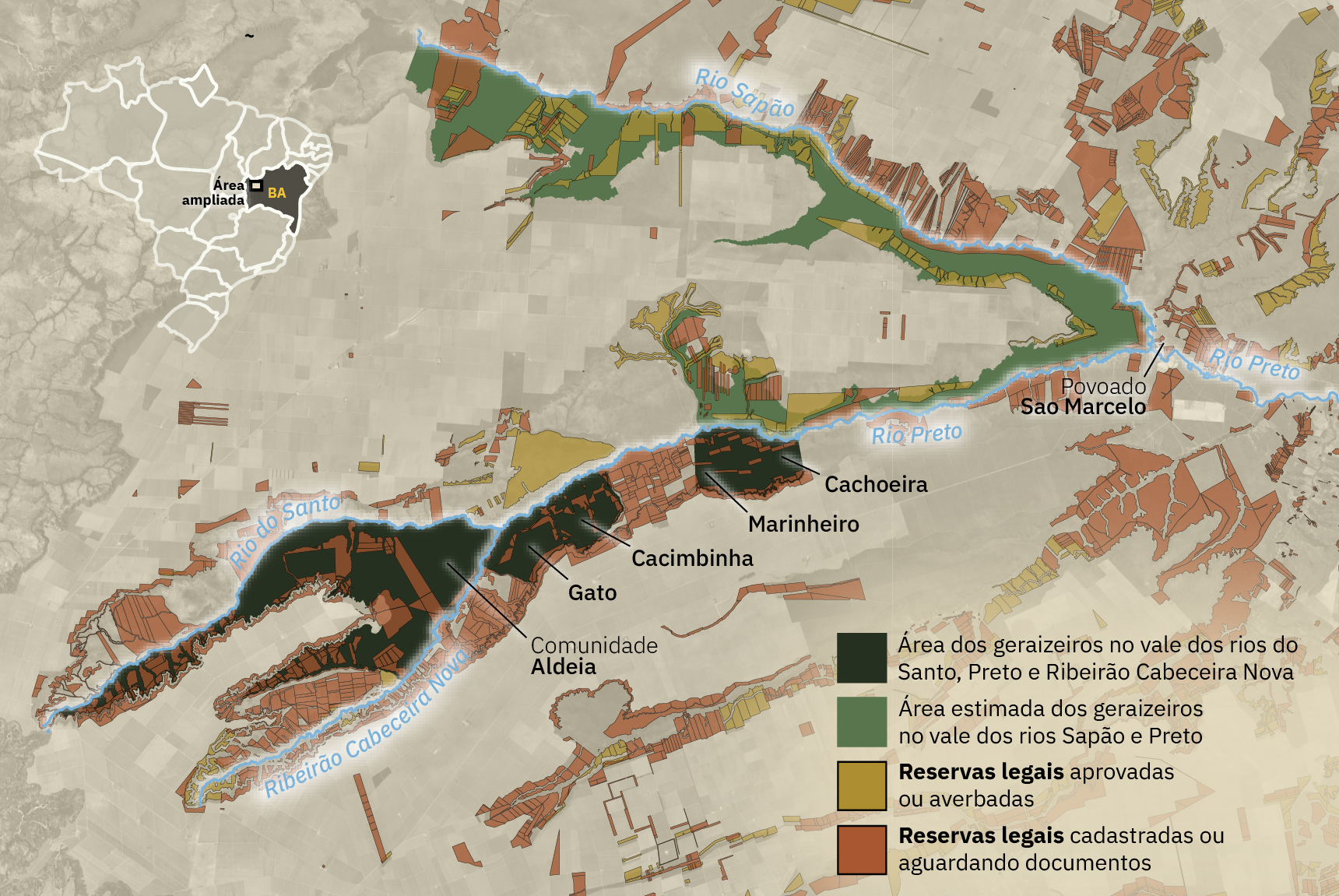 Mapa ilustrado das comunidades geraizeiras no Vale do Rio Preto, no Oeste da Bahia.