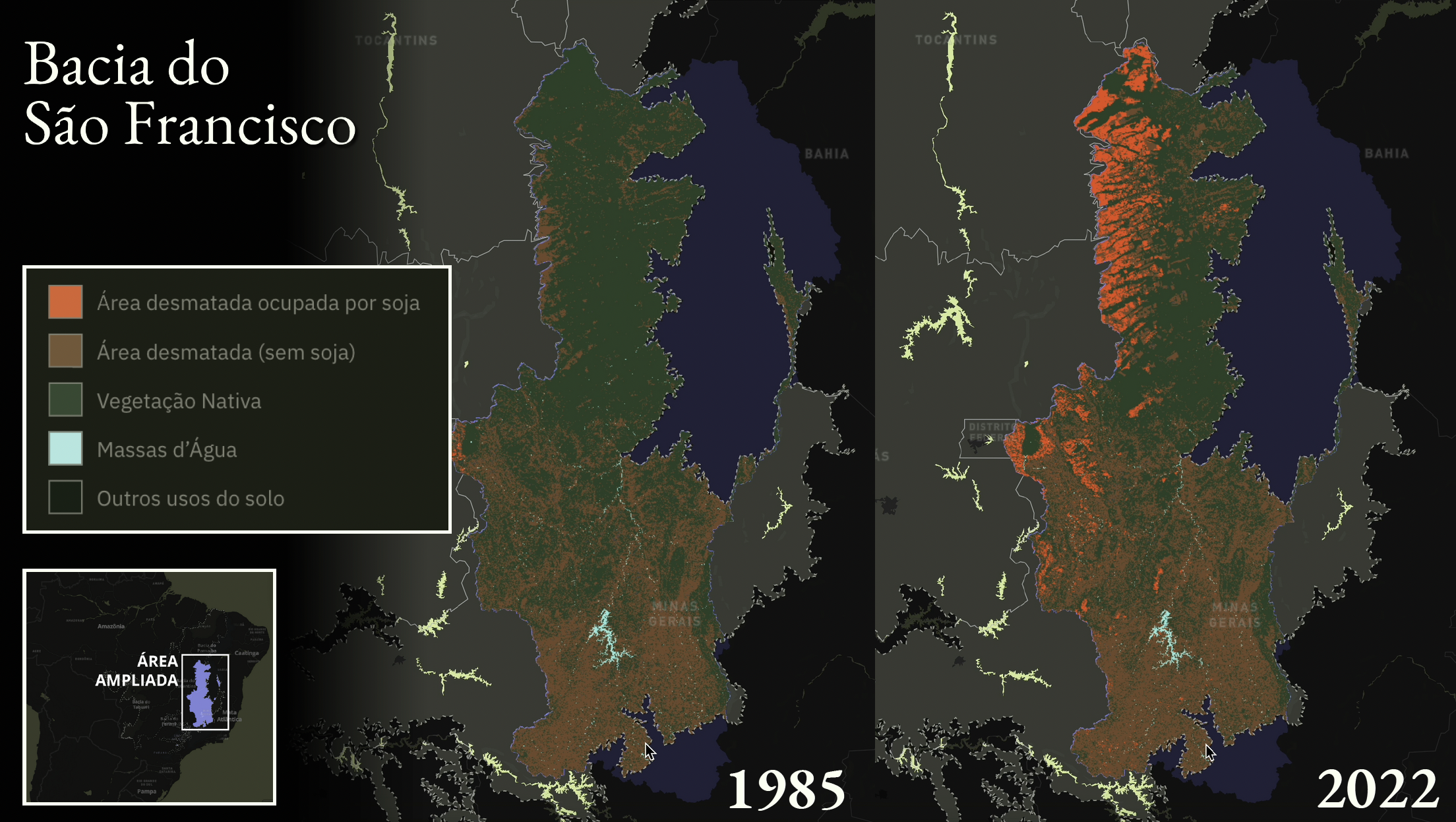 Mapa comparativo da Bacia do São Francisco mostrando mudanças no uso da terra entre 1985 e 2022. À esquerda, em 1985, predominam áreas de vegetação nativa em verde, áreas desmatadas em marrom, e massas d’água em azul-claro, com pouca presença de soja (em laranja). À direita, em 2022, observa-se um avanço expressivo da área desmatada ocupada por soja (em laranja), especialmente no norte da Bahia e no oeste de Minas Gerais, reduzindo significativamente a cobertura de vegetação nativa. O mapa inclui legenda com categorias: área desmatada ocupada por soja, área desmatada sem soja, vegetação nativa, massas d’água e outros usos do solo. No canto inferior esquerdo, há um mapa do Brasil com a localização ampliada da bacia.