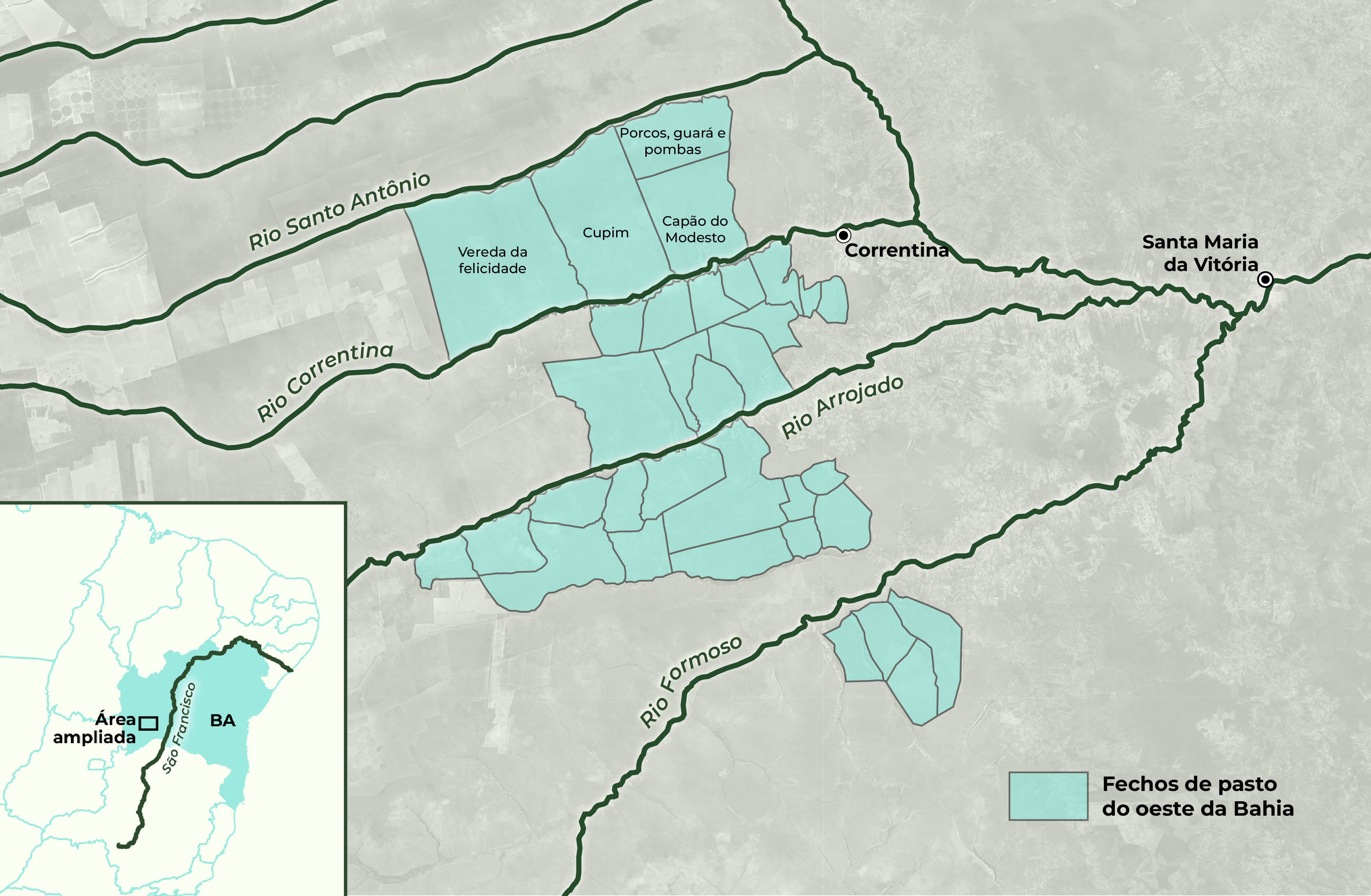 Mapa em tons de cinza do Oeste da Bahia mostrando a localização de comunidades tradicionais de fecho de pasto. As áreas dos fechos aparecem destacadas em azul claro, com rótulos para Vereda da Felicidade, Cupim, Capão do Modesto e Porcos, Guará e Pombas. Diversos rios são representados em azul escuro, incluindo Rio Correntina, Rio Santo Antônio, Rio Arrojado e Rio Formoso. O mapa também marca as cidades de Correntina e Santa Maria da Vitória. No canto inferior esquerdo, um mapa menor situa a região ampliada dentro da Bahia e da bacia do Rio São Francisco. Uma legenda identifica as áreas sombreadas como “Fechos de pasto do Oeste da Bahia”.