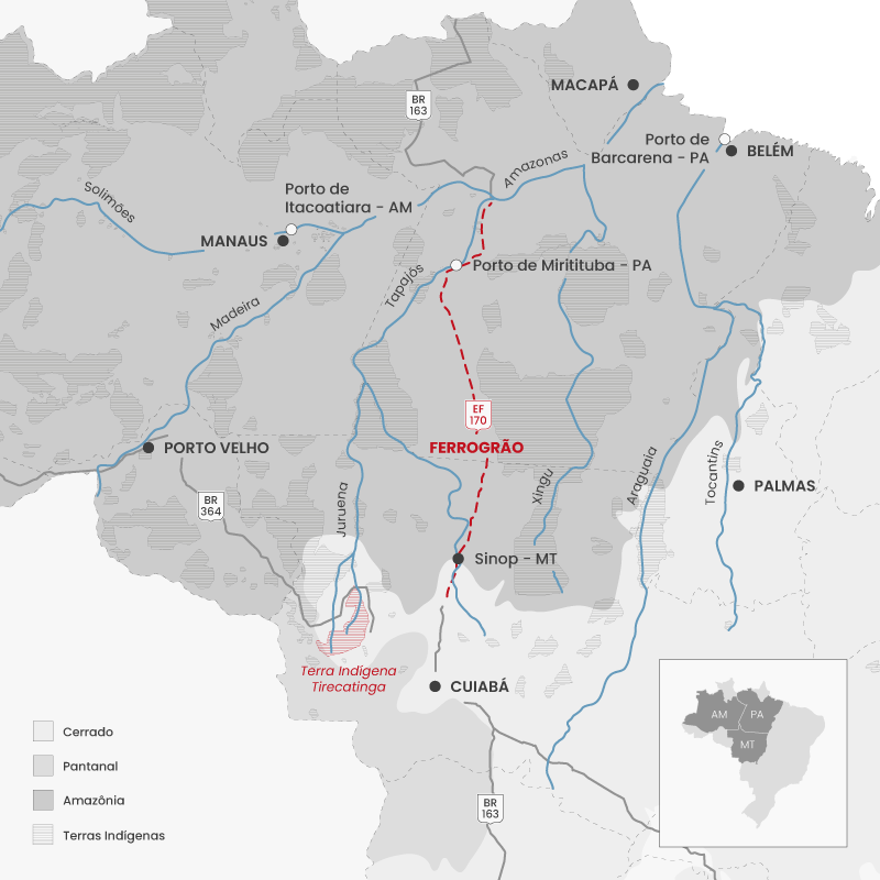Mapa da região norte e centro-oeste do Brasil mostra Amazônia, Cerrado e Pantanal em diferentes tons de cinza e o traçado da Ferrogrão