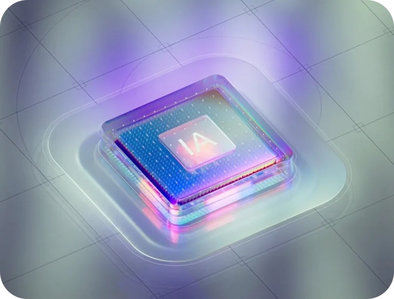 Ilustração de um chip de computador com as letras “IA” no centro, iluminado em tons de azul, roxo e rosa, sobre um fundo com linhas geométricas.